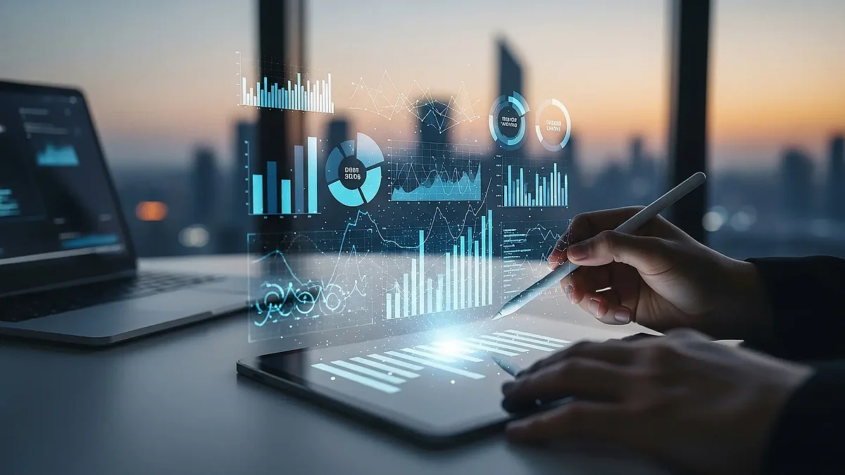 Tablet mit interaktiven Daten- und KI-Dashboards in einem modernen Büro, Symbolbild für KI-gestützte Webprojekte.