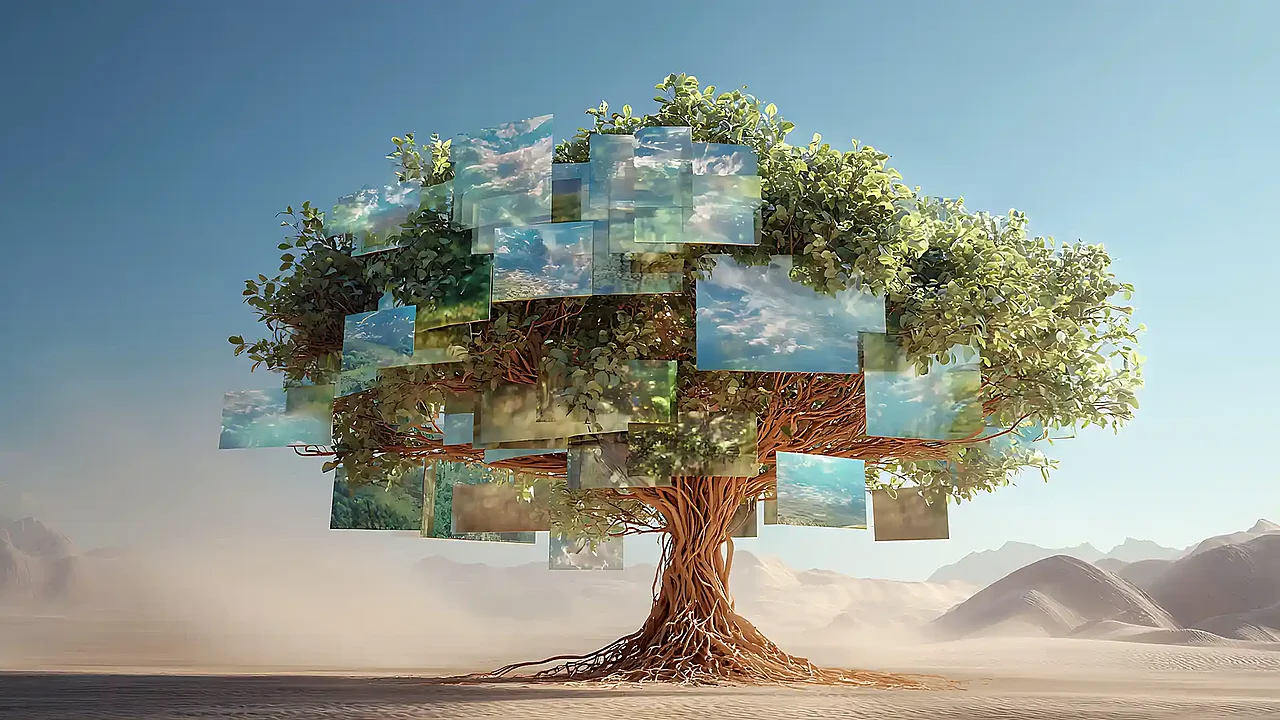 Symbolbild zu nachhaltigem Webdesign: Baum mit digitalen Webseiten in der Baumkrone.