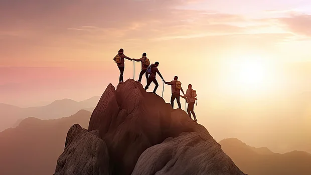 Menschen helfen sich gegenseitig beim Bergaufstieg auf einem felsigen Weg.