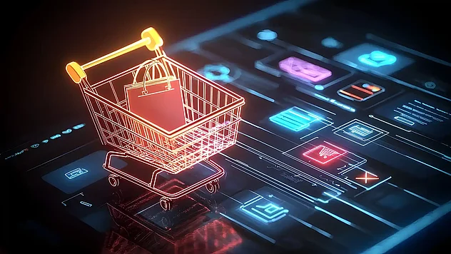 Leuchtender Einkaufswagen auf Smartphone, nachhaltige E-Commerce-Lösung von PRO2 New Media, Oberösterreich.