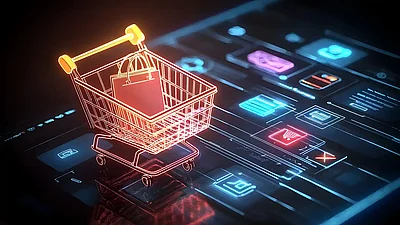 Leuchtender Einkaufswagen auf Smartphone, nachhaltige E-Commerce-Lösung von PRO2 New Media, Oberösterreich.