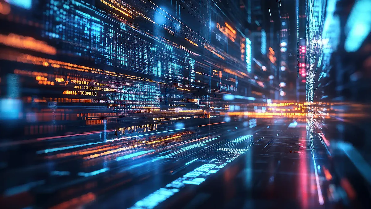 Symbolbild für innovative und nachhaltige Webentwicklung mit KI-Einsatz: Digitale Grafik und futuristische Interface-Ele